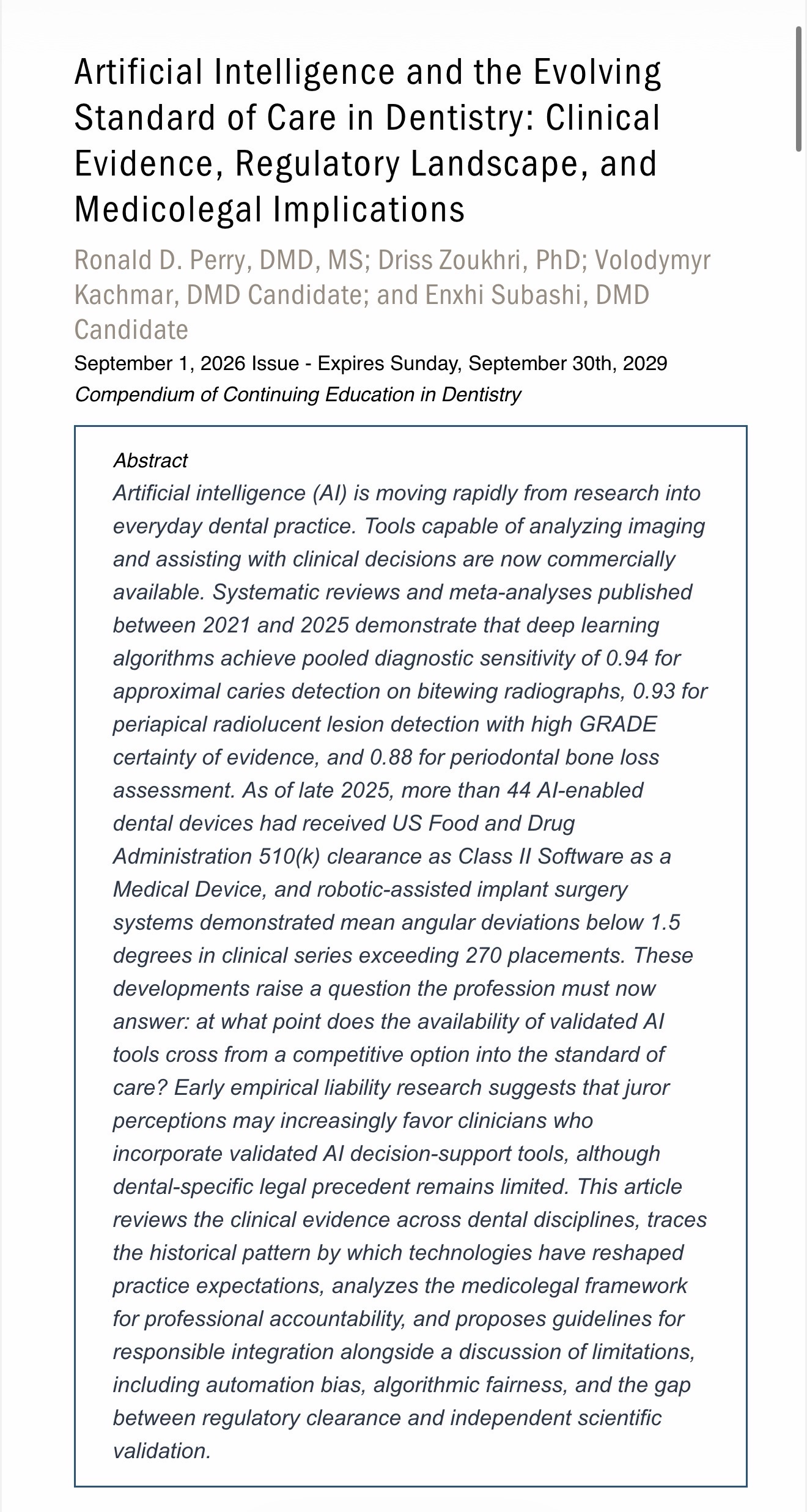 Title page and abstract of the article 'Artificial Intelligence and the Evolving Standard of Care in Dentistry' in Compendium of Continuing Education in Dentistry.